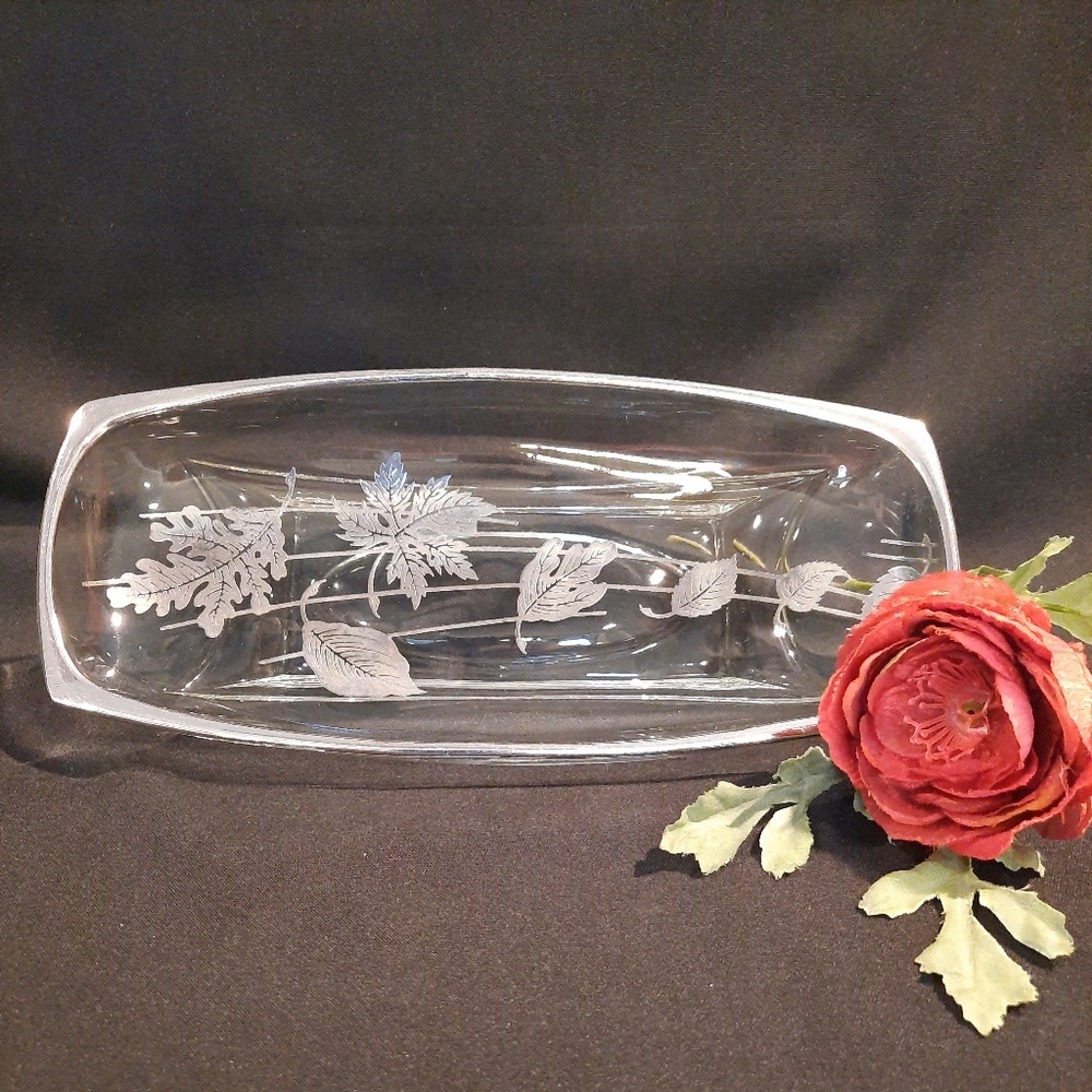 Vintage Silver City Glass Forest Leaves Relish Tray ~ Sterling Silver Overlay